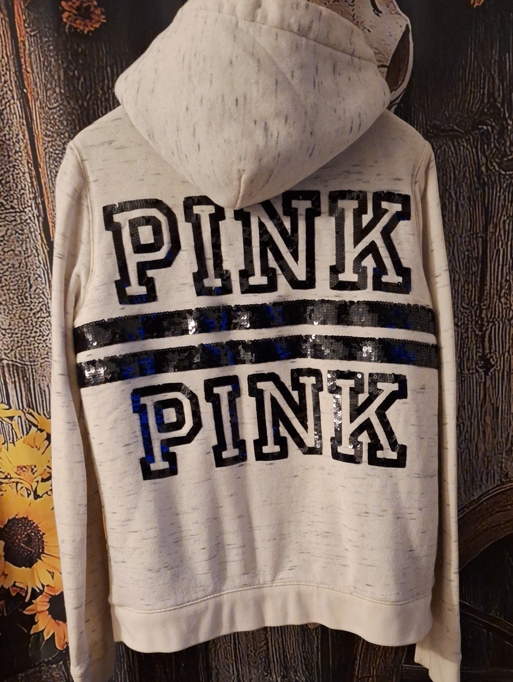 PINK Victoria's Secret Cream Hoodie with Black Sequin Logo